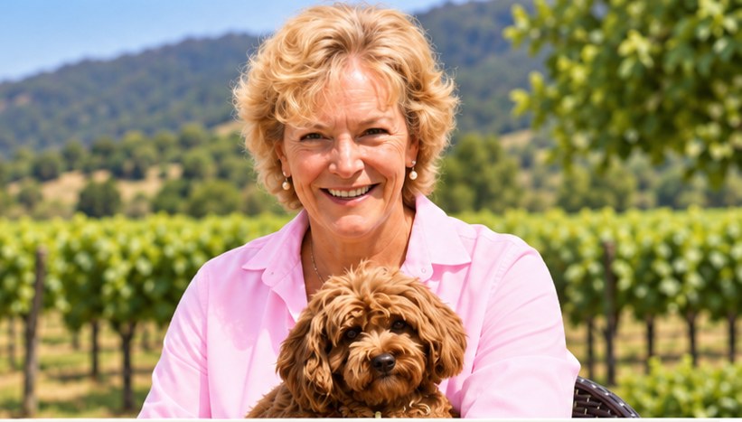 Hillery Trippe with her dog in a Yountville vineyard
